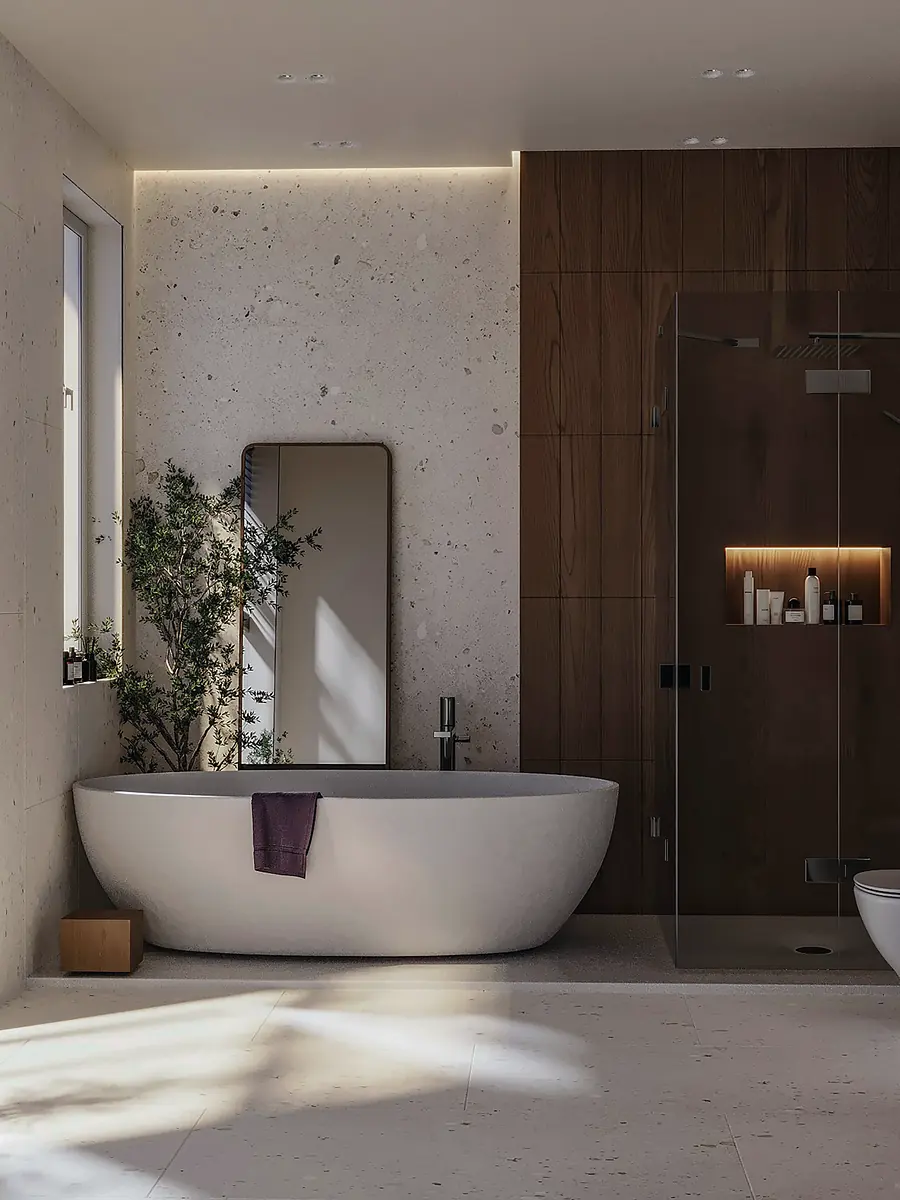 Baño con bañera exenta y revestimiento de madera