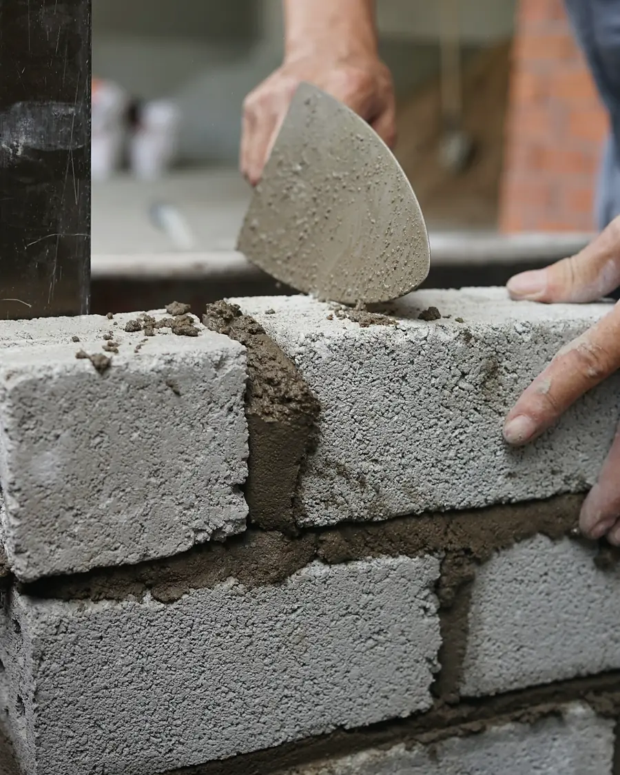Albañil levantando un muro de bloques